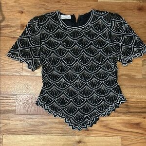 Vintage Elegant Black and White Beaded Top